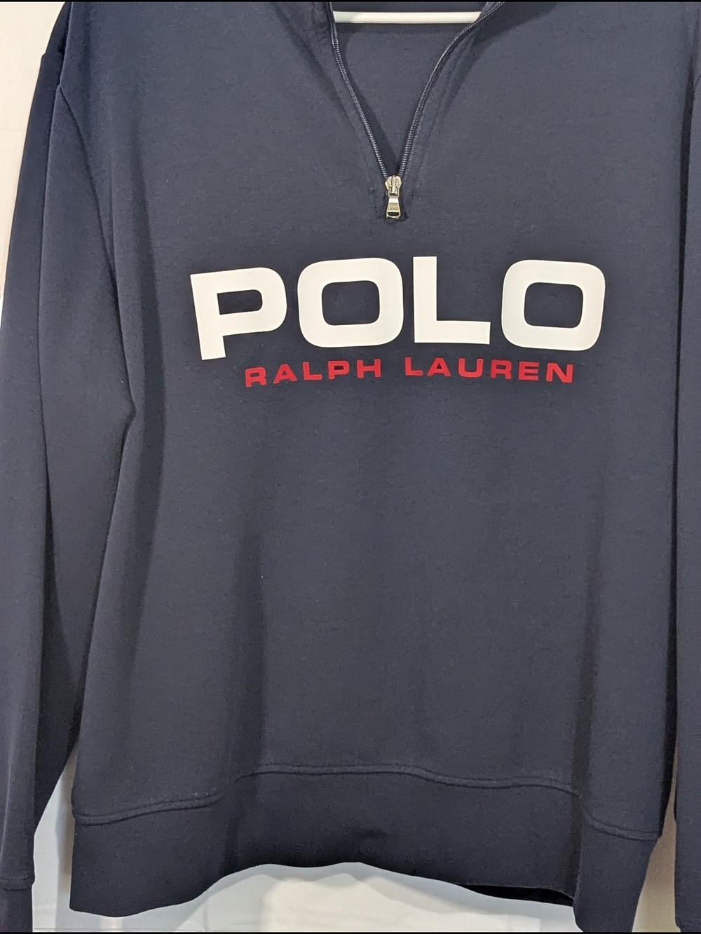 Polo Ralph Lauren Men's Large Navy Quarter Zip Pullover Sweatshirt Logo Spellout - Picture 2 of 11